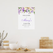 Paars Roos Floral 100th Birthday Welcome Sign Poster (Keuken)