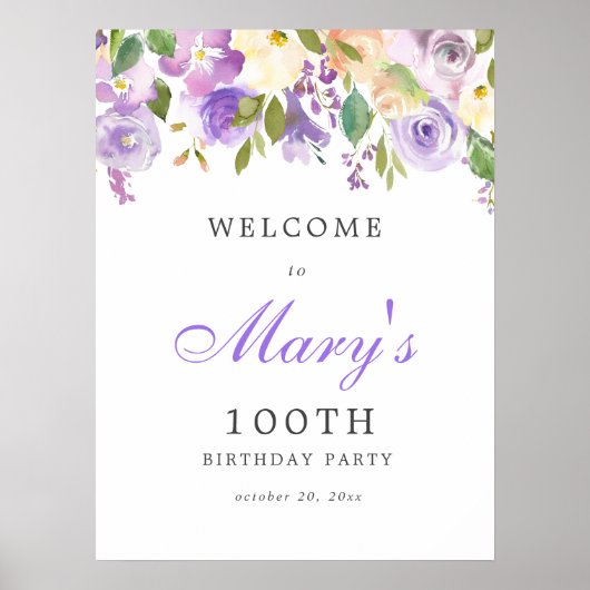 Paars Roos Floral 100th Birthday Welcome Sign Poster (Voorkant)