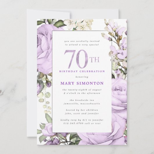 Paars Roos Floral 70e verjaardag Kaart (Voorkant)