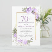 Paars Roos Floral 70e verjaardag uitnodiging (Staand voorkant)