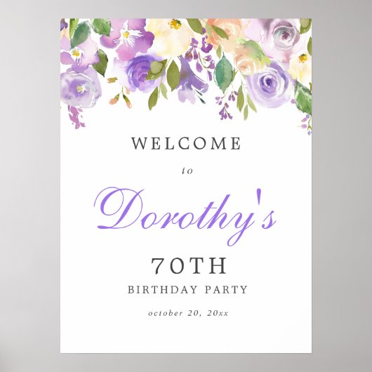 Paars Roos Floral 70th Birthday Welkomstteken Poster (Voorkant)