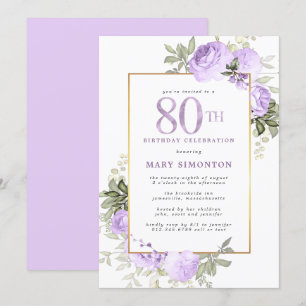 Paars Roos Floral 80e verjaardag Invita Kaart