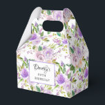 Paars Roos Floral 80th Birthday Favor Box Bedankdoosjes<br><div class="desc">Mooie paarse rozen pleisterbox voor een 80ste verjaardag. De rozen worden in groene bladeren genaaid. De naam van de verjaardagsfeestdag staat in een  kalligrafie. De 80ste verjaardag wordt hieronder geschreven. Alle tekst kan worden bewerkt.</div>