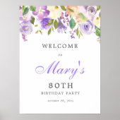 Paars Roos Floral 80th Birthday Welcome Sign Poster (Voorkant)