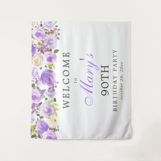 Paars Roos Floral 90e verjaardag Wandkleed (Voorkant)