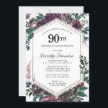 Paars Roos Floral 90th Birthday Party Invitation Kaart<br><div class="desc">Elegant donkerpaarse rozen en groen bladeren versieren deze moderne uitnodiging van de negentigste verjaardag.</div>