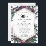 Paars Roos Floral 90th Birthday Party Invitation Kaart<br><div class="desc">Elegant donkerpaarse rozen en groen bladeren versieren deze moderne uitnodiging van de negentigste verjaardag.</div>
