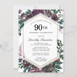 Paars Roos Floral 90th Birthday Party Invitation Kaart
