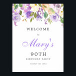 Paars Roos Floral 90th Birthday Welkomstteken Poster<br><div class="desc">Welkom gasten bij je 90ste verjaardagsfeestje met dit elegante paarse roos en het groenere welkomstteken. Het coördineert met het Rustic Paarse Floral Botanical 100th Birthday collectie.</div>