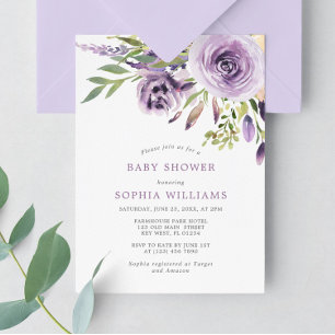 Paars Roos Floral Baby shower Kaart