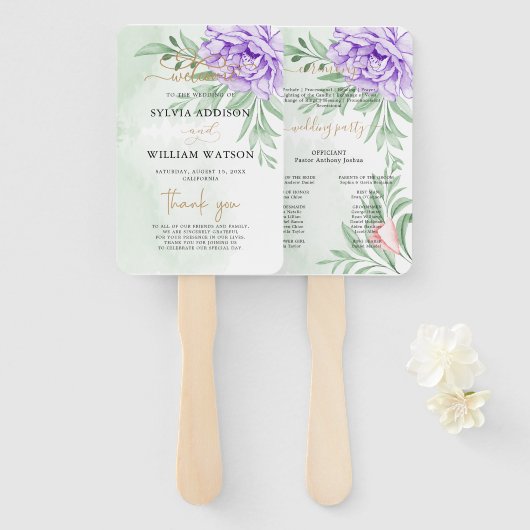 Paars Roos Floral Eucalyptus Boho Wedding Programm Handwaaier (Voorkant en achterkant)
