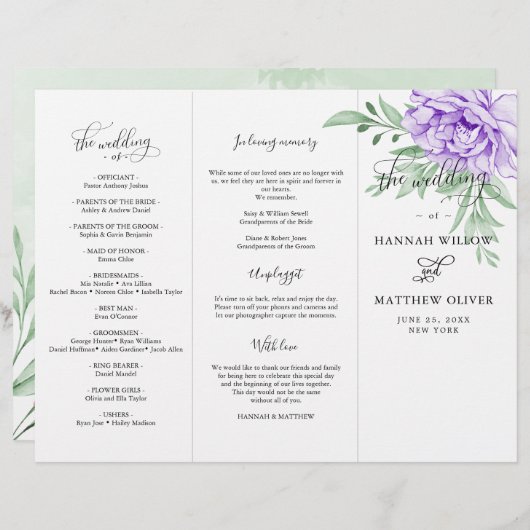 Paars Roos Floral Eucalyptus Wedding Ceremonie (Voorkant / Achterkant)