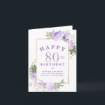 Paars Roos Floral Gold 80th Birthday<br><div class="desc">Eer een speciale vrouw met deze elegante en vrouwelijke 80e Birthday-kaart. Het begint met 80ste geschreven in een gewaagde paarse tekst. Happy wordt hierboven in gekromde tekst geschreven en de verjaardag is hieronder. Hieronder vindt u drie regels voor gepersonaliseerde tekst, zodat u uw verjaardagswens eenvoudig kunt personaliseren. Een klein paars...</div>
