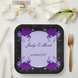 Paars Roos Floral Spiderweb Fall Wedding Papieren Bordje