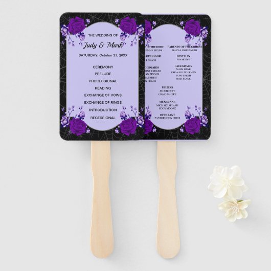 Paars Roos Floral Spiderweb Fall Wedding Programme Handwaaier (Voorkant en achterkant)
