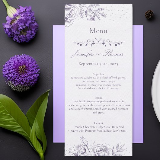 Paars Roos Glitter Confetti Wedding Menu