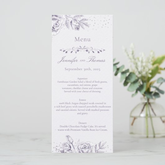 Paars Roos Glitter Confetti Wedding Menu (Staand voorkant)