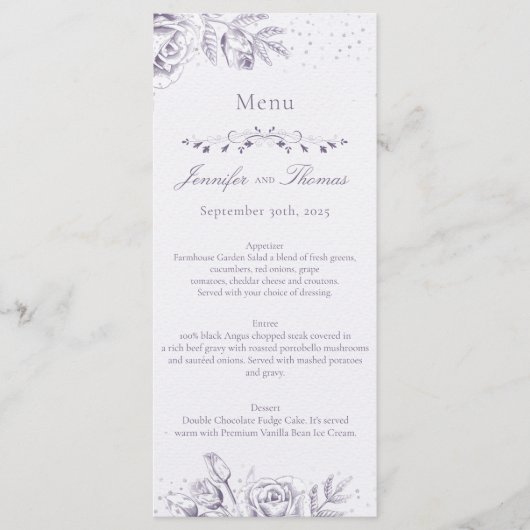 Paars Roos Glitter Confetti Wedding Menu (Voorkant)