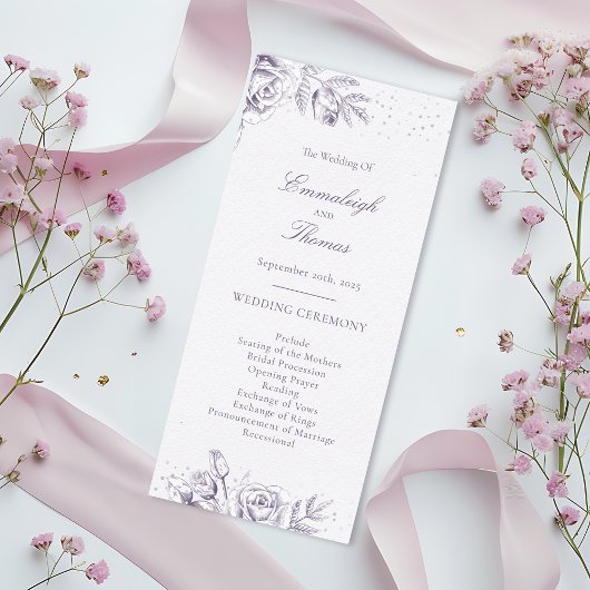 Paars Roos Glitter Confetti Wedding Programmakaart