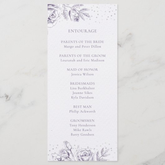 Paars Roos Glitter Confetti Wedding Programmakaart (Achterkant)