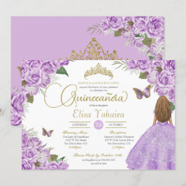 Paars Roos Gold Tiara Butterflies Quinceanera Kaart