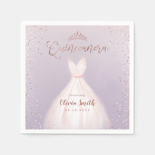 Paars roos goud glitter met jurk quinceañera servet (Voorkant)