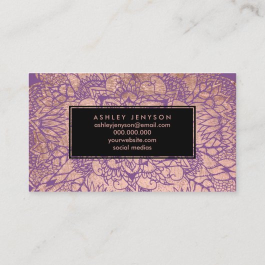Paars roos goudboho mandala haartypografie visitekaartje (Achterkant)