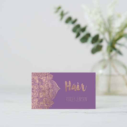 Paars roos goudboho mandala haartypografie visitekaartje (Staand voorkant)