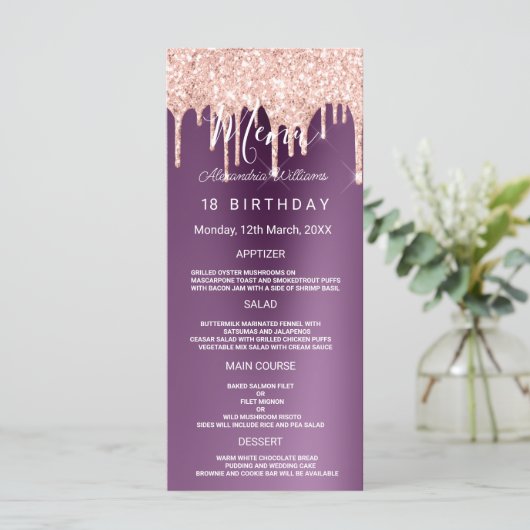Paars roos goudglitterdrift Birthday Programme Programmakaart (Staand voorkant)