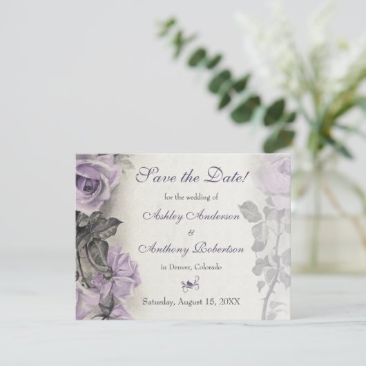  Paars Roos huwelijk sparen de Datum Save The Date (Staand voorkant)