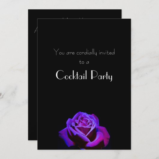 Paars Roos met druppeltjes op Black Cocktail Party Kaart (Voorkant / Achterkant)