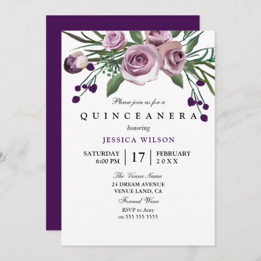 Paars Roos Quinceanera Kaart (Voorkant / Achterkant)