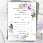 Paars Roos Rustic Floral Wedding Kaart<br><div class="desc">Zachte pastel paarse rozen versieren een dunne gouden lijst. Fijne sage groene bladeren dragen bij aan de waterverf florale oplossing. Een pastelspoelwaterverf spoelt over de rug. Deze paarse uitnodiging voor de bruiloft is onderdeel van het Violette collectie. Het bevat DIY bruiloft-sjablonen waarmee u uw kantoorbenodigdheden eenvoudig kunt creëer en uw...</div>