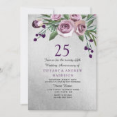 Paars Roos Silver 25th Wedding Jubileum Invite Kaart (Voorkant)