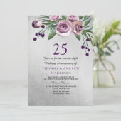 Paars Roos Silver 25th Wedding Jubileum Invite Kaart (Staand voorkant)