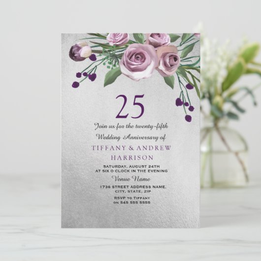 Paars Roos Silver 25th Wedding Jubileum Invite Kaart (Staand voorkant)
