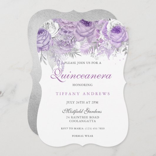 Paars Roos Silver Wonderland Quinceanera Invite Kaart (Voorkant / Achterkant)