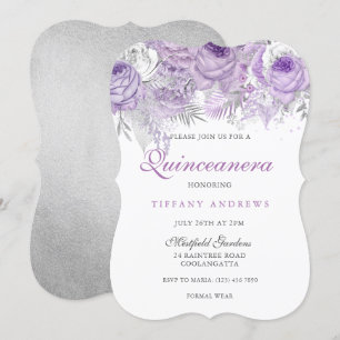 Paars Roos Silver Wonderland Quinceanera Invite Kaart