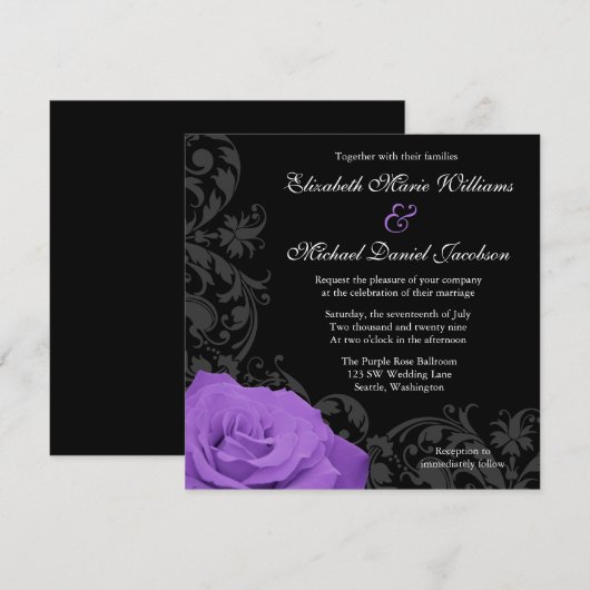 Paars Roos Vlourish Wedding Kaart (Voorkant / Achterkant)