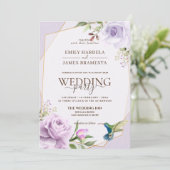 Paars Roos Vogelflora Waterverf Lijst bruiloft Kaart (Staand voorkant)