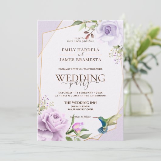 Paars Roos Vogelflora Waterverf Lijst bruiloft Kaart (Staand voorkant)