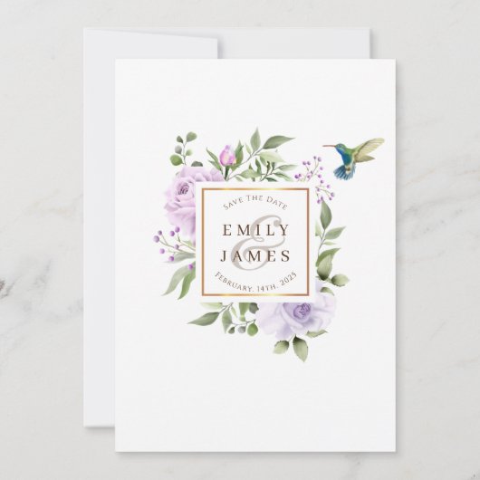 Paars Roos Vogelflora Waterverf Lijst bruiloft Kaart (Achterkant)