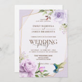 Paars Roos Vogelflora Waterverf Lijst bruiloft Kaart (Voorkant / Achterkant)