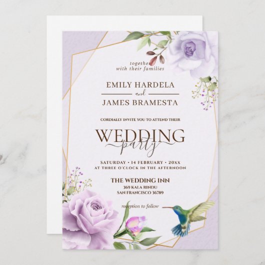 Paars Roos Vogelflora Waterverf Lijst bruiloft Kaart (Voorkant / Achterkant)