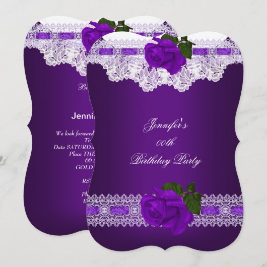 Paars Roos White Lace Birthday Party Kaart (Voorkant / Achterkant)