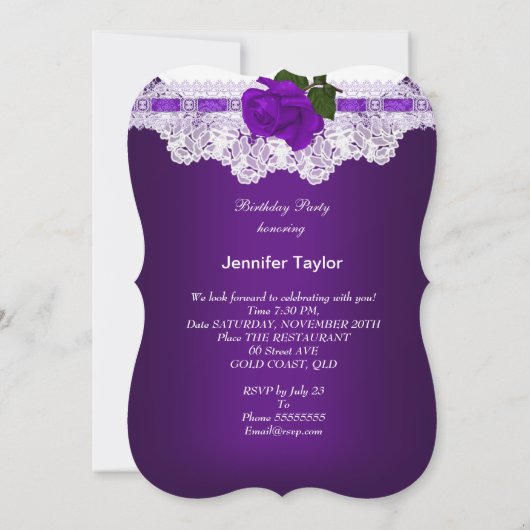  Paars Roos White Lace Birthday Party Kaart (Achterkant)