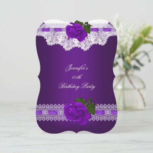  Paars Roos White Lace Birthday Party Kaart (Staand voorkant)