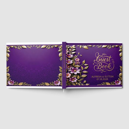 Paars Royal en goud metallic elegante bloem Gastenboek (Volledig)