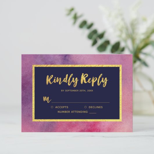 Paars Roze Aquarel Nep Goud Graag Reageren RSVP (Staand voorkant)
