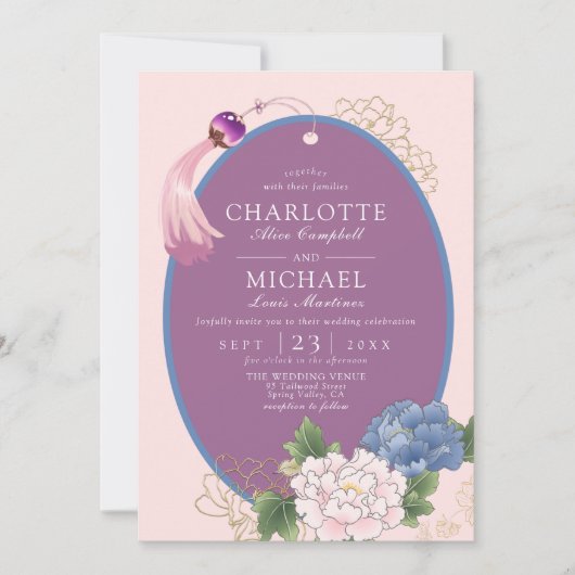 Paars - roze blauw - Chinoiserie Peony Tassel Wedd Kaart (Voorkant)